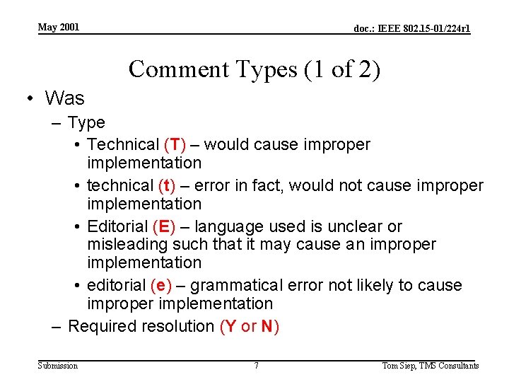 May 2001 doc. : IEEE 802. 15 -01/224 r 1 Comment Types (1 of