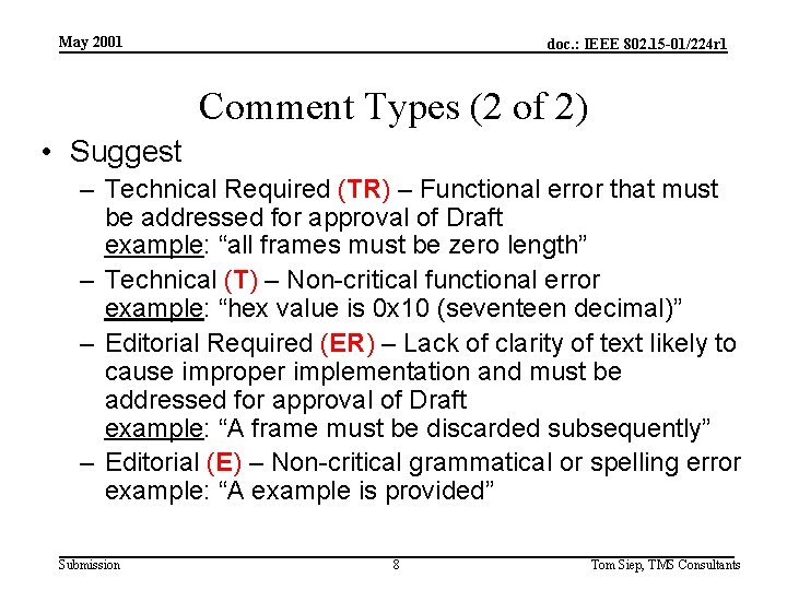 May 2001 doc. : IEEE 802. 15 -01/224 r 1 Comment Types (2 of