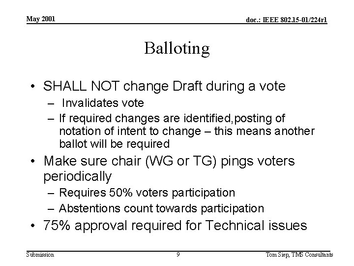 May 2001 doc. : IEEE 802. 15 -01/224 r 1 Balloting • SHALL NOT