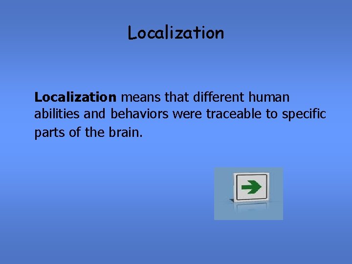 Localization means that different human abilities and behaviors were traceable to specific parts of