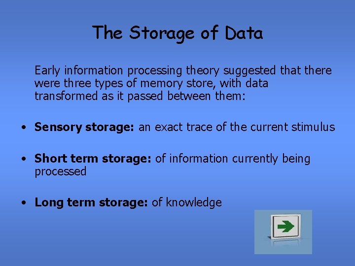 The Storage of Data Early information processing theory suggested that there were three types