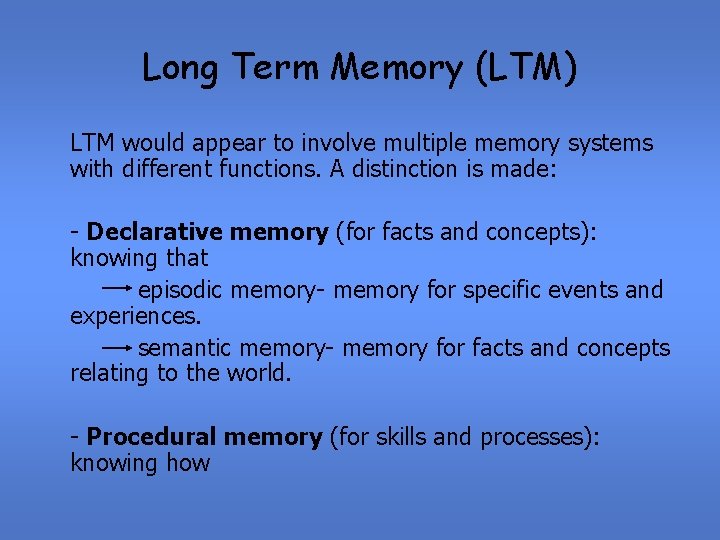 Long Term Memory (LTM) LTM would appear to involve multiple memory systems with different