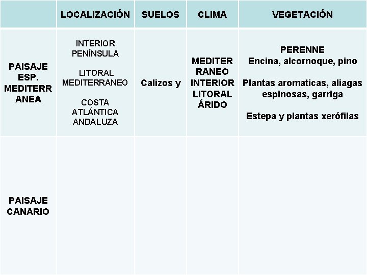 LOCALIZACIÓN SUELOS INTERIOR PENÍNSULA PAISAJE ESP. MEDITERR ANEA PAISAJE CANARIO LITORAL MEDITERRANEO COSTA ATLÁNTICA