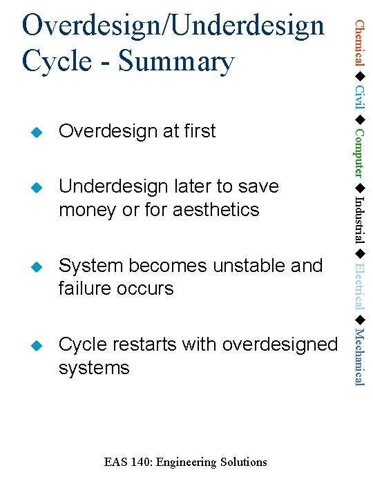  Overdesign at first Underdesign later to save money or for aesthetics System becomes