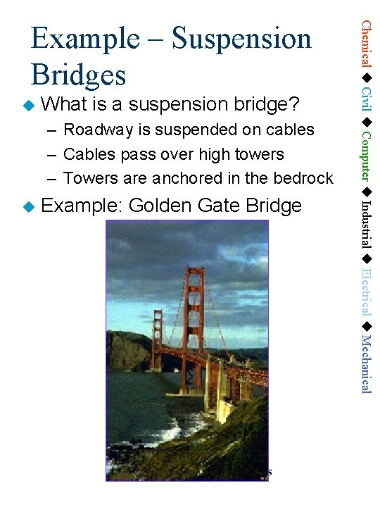  What is a suspension bridge? – Roadway is suspended on cables – Cables