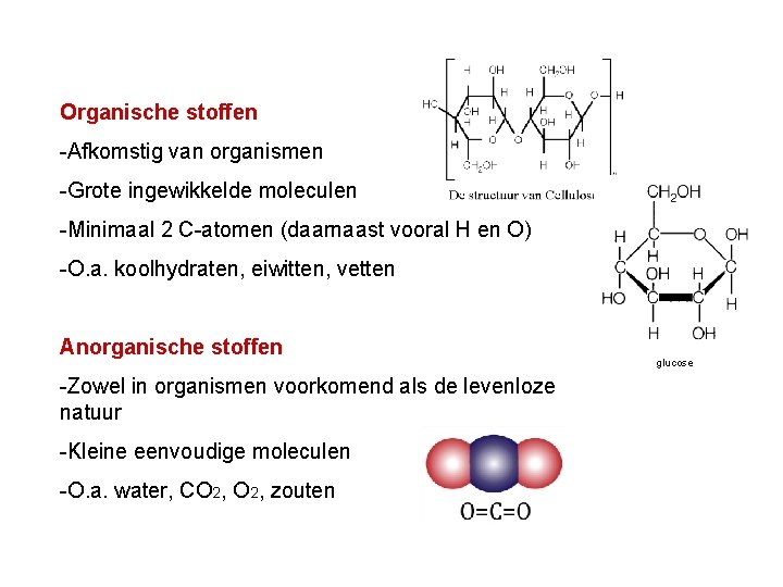 Organische stoffen -Afkomstig van organismen -Grote ingewikkelde moleculen -Minimaal 2 C-atomen (daarnaast vooral H