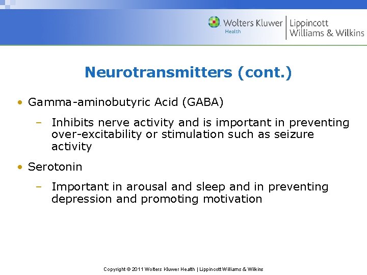Neurotransmitters (cont. ) • Gamma-aminobutyric Acid (GABA) – Inhibits nerve activity and is important