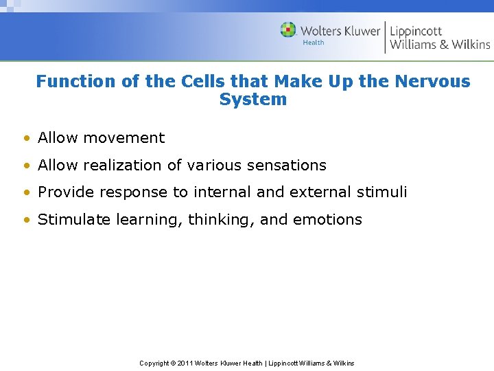 Function of the Cells that Make Up the Nervous System • Allow movement •