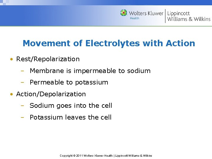Movement of Electrolytes with Action • Rest/Repolarization – Membrane is impermeable to sodium –