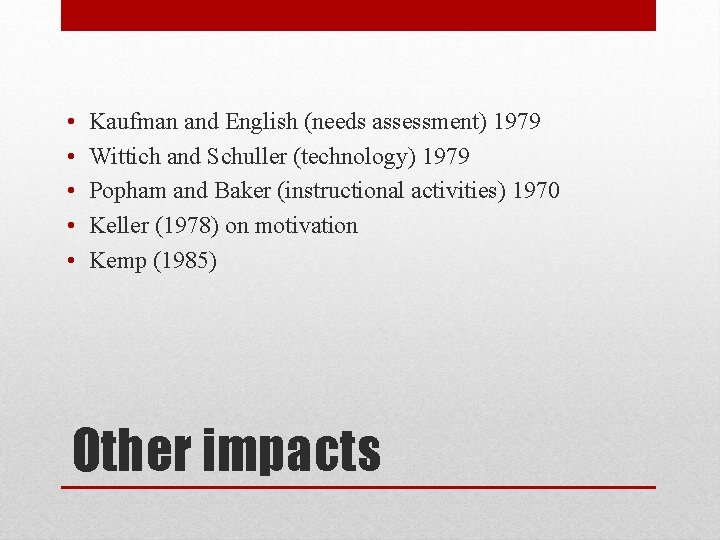  • • • Kaufman and English (needs assessment) 1979 Wittich and Schuller (technology)