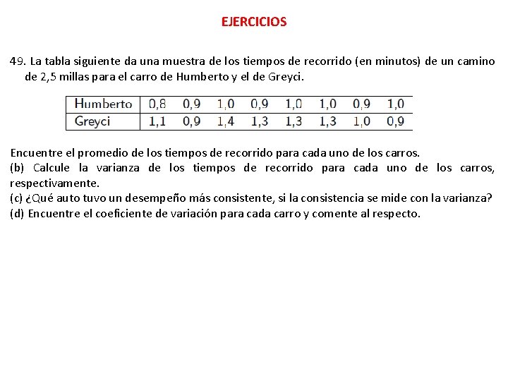 EJERCICIOS 49. La tabla siguiente da una muestra de los tiempos de recorrido (en