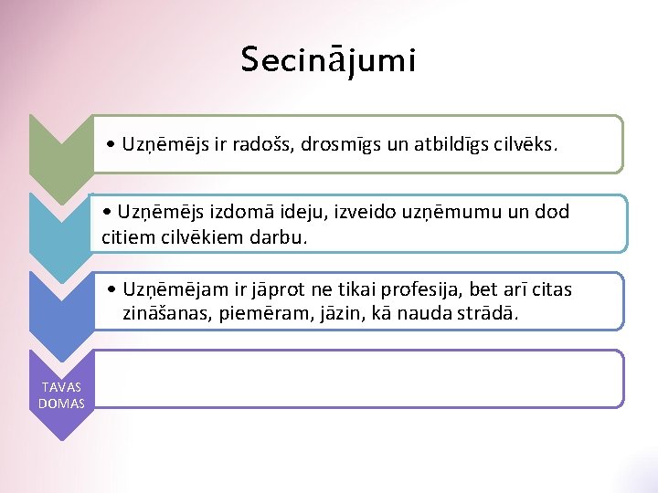 Secinājumi • Uzņēmējs ir radošs, drosmīgs un atbildīgs cilvēks. • Uzņēmējs izdomā ideju, izveido