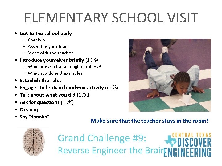 ELEMENTARY SCHOOL VISIT • Get to the school early – Check-in – Assemble your