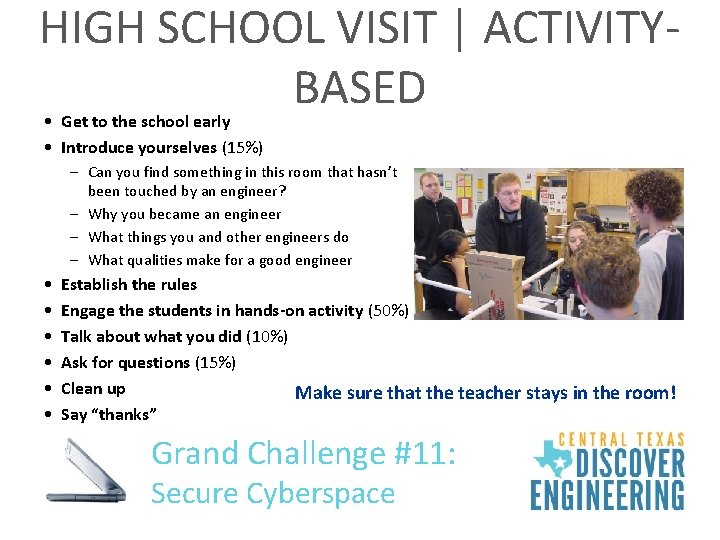 HIGH SCHOOL VISIT | ACTIVITYBASED • Get to the school early • Introduce yourselves