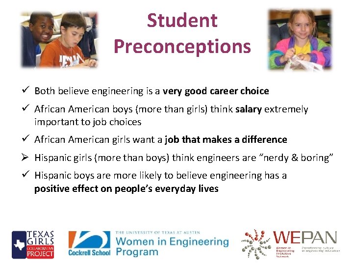 Student Preconceptions ü Both believe engineering is a very good career choice ü African