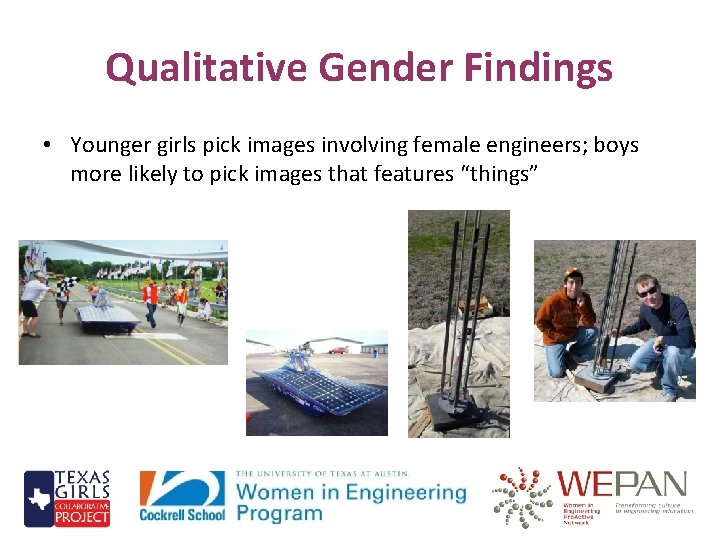 Qualitative Gender Findings • Younger girls pick images involving female engineers; boys more likely
