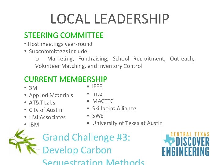 LOCAL LEADERSHIP STEERING COMMITTEE • Host meetings year-round • Subcommittees include: o Marketing, Fundraising,