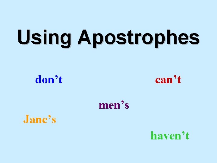 Using Apostrophes don’t can’t men’s Jane’s haven’t 