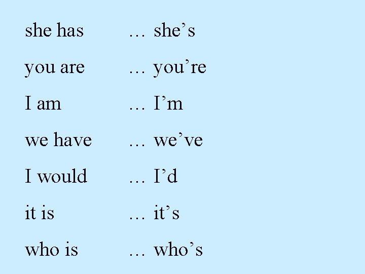 she has … she’s you are … you’re I am … I’m we have