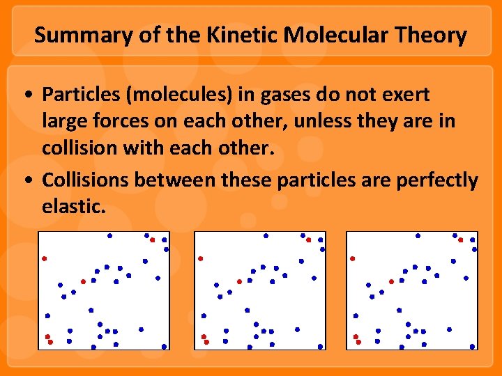 Summary of the Kinetic Molecular Theory • Particles (molecules) in gases do not exert