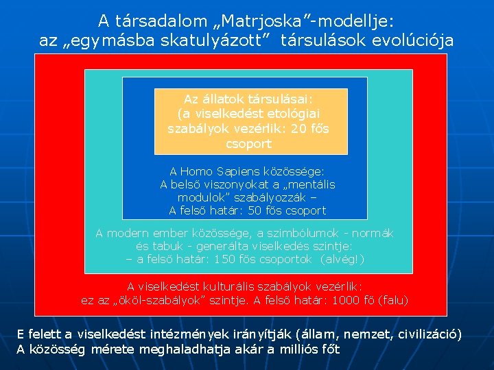 A társadalom „Matrjoska”-modellje: az „egymásba skatulyázott” társulások evolúciója Az állatok társulásai: (a viselkedést etológiai