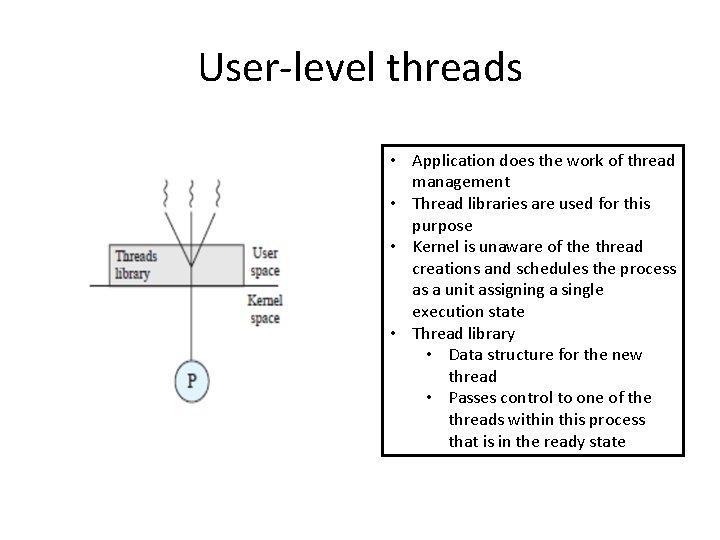 User-level threads • Application does the work of thread management • Thread libraries are