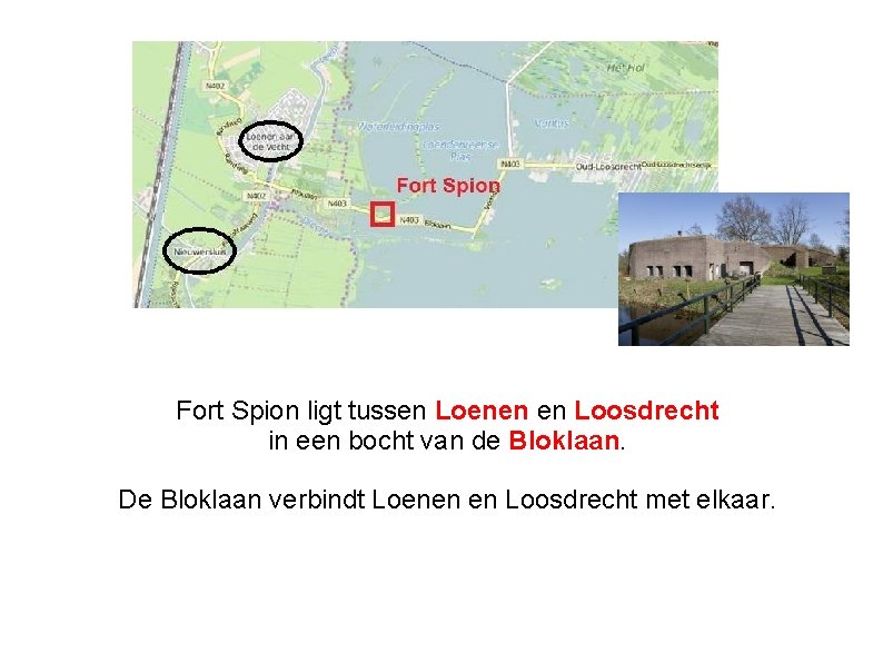 Fort Spion ligt tussen Loenen en Loosdrecht in een bocht van de Bloklaan. De