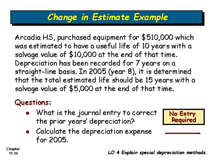 Change in Estimate Example Arcadia HS, purchased equipment for $510, 000 which was estimated