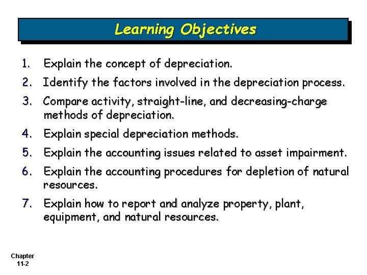 Learning Objectives 1. Explain the concept of depreciation. 2. Identify the factors involved in