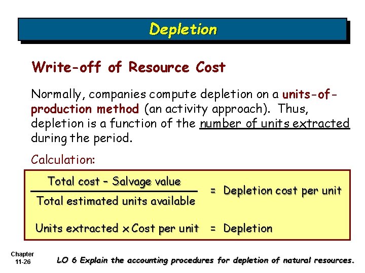 Depletion Write-off of Resource Cost Normally, companies compute depletion on a units-ofproduction method (an