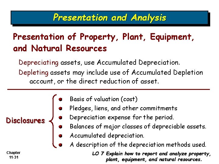 Presentation and Analysis Presentation of Property, Plant, Equipment, and Natural Resources Depreciating assets, use