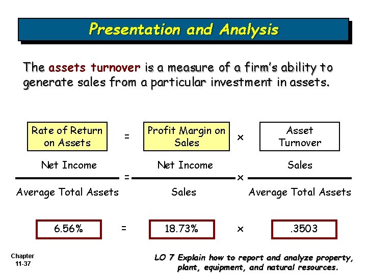 Presentation and Analysis The assets turnover is a measure of a firm’s ability to