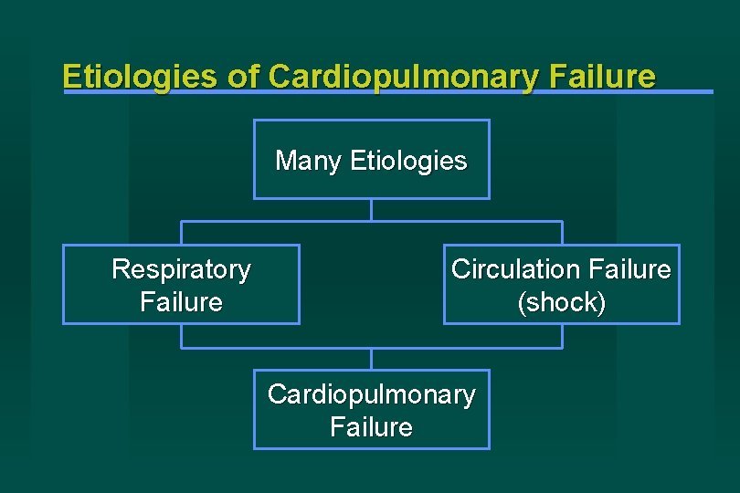 Etiologies of Cardiopulmonary Failure Many Etiologies Respiratory Failure Circulation Failure (shock) Cardiopulmonary Failure 