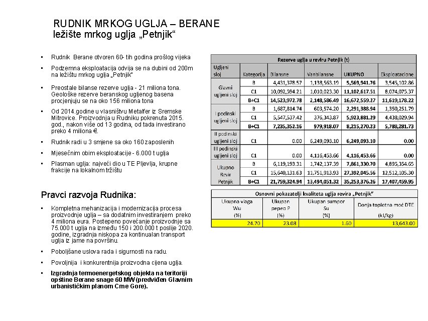 RUDNIK MRKOG UGLJA – BERANE ležište mrkog uglja „Petnjik“ • Rudnik Berane otvoren 60