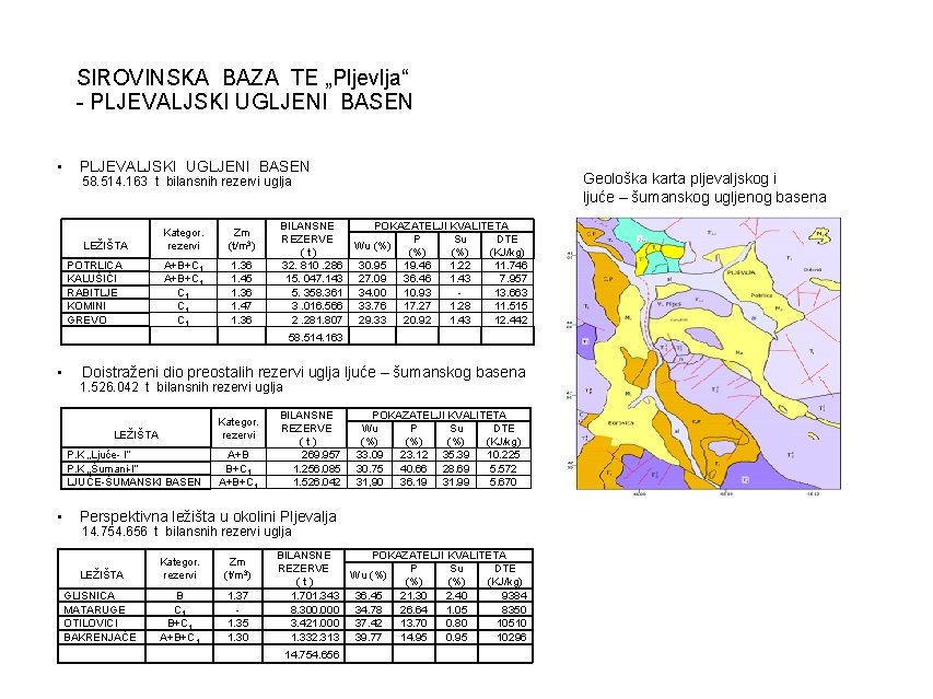 SIROVINSKA BAZA TE „Pljevlja“ - PLJEVALJSKI UGLJENI BASEN • PLJEVALJSKI UGLJENI BASEN Geološka karta