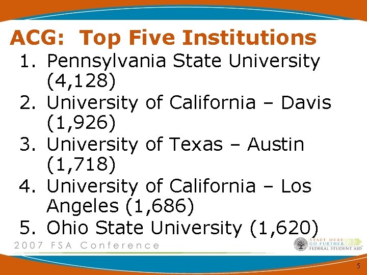 ACG: Top Five Institutions 1. Pennsylvania State University (4, 128) 2. University of California