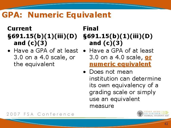 GPA: Numeric Equivalent Current Final § 691. 15(b)(1)(iii)(D) and (c)(3) • Have a GPA