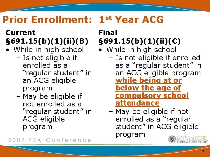 Prior Enrollment: 1 st Year ACG Current Final § 691. 15(b)(1)(ii)(B) § 691. 15(b)(1)(ii)(C)