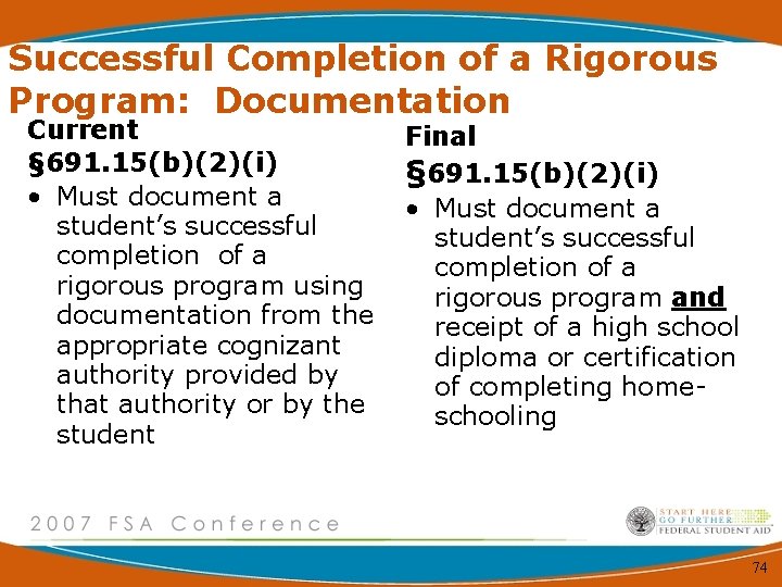 Successful Completion of a Rigorous Program: Documentation Current § 691. 15(b)(2)(i) • Must document
