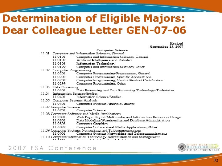 Determination of Eligible Majors: Dear Colleague Letter GEN-07 -06 92 