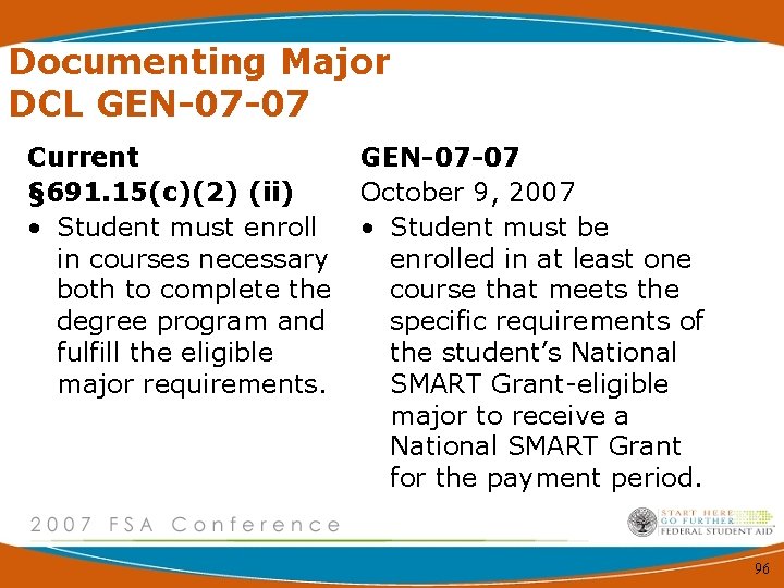 Documenting Major DCL GEN-07 -07 Current § 691. 15(c)(2) (ii) • Student must enroll