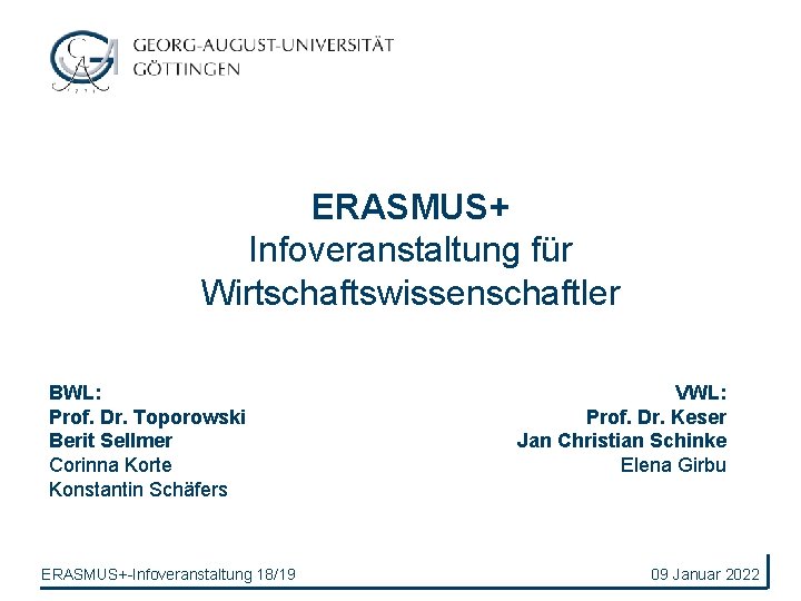 ERASMUS+ Infoveranstaltung für Wirtschaftswissenschaftler BWL: Prof. Dr. Toporowski Berit Sellmer Corinna Korte Konstantin Schäfers