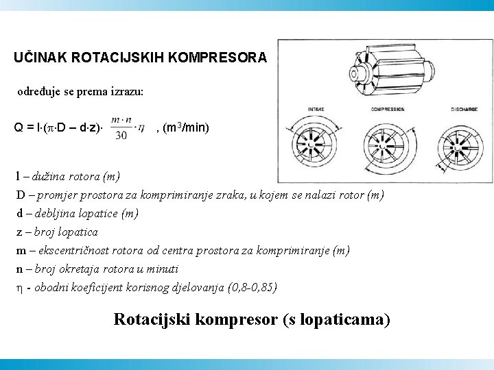 UČINAK ROTACIJSKIH KOMPRESORA određuje se prema izrazu: Q = l ( D – d