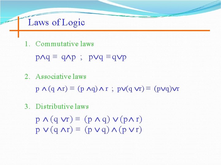 Laws of Logic 1. Commutative laws p q ≡ q p ; p q