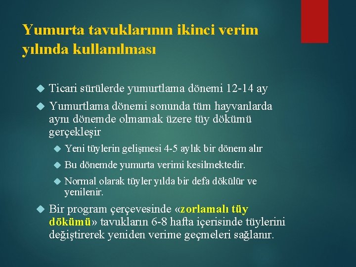 Yumurta tavuklarının ikinci verim yılında kullanılması Ticari sürülerde yumurtlama dönemi 12 -14 ay Yumurtlama