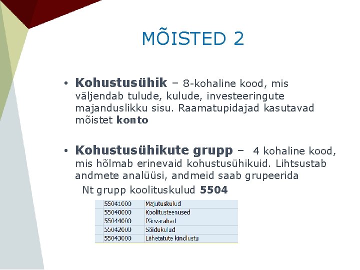 MÕISTED 2 • Kohustusühik – 8 -kohaline kood, mis väljendab tulude, kulude, investeeringute majanduslikku