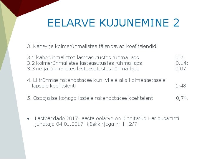 EELARVE KUJUNEMINE 2 3. Kahe- ja kolmerühmalistes täiendavad koefitsiendid: 3. 1 kaherühmalistes lasteasutustes rühma