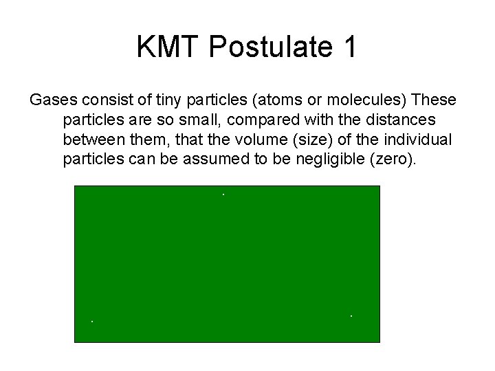 KMT Postulate 1 Gases consist of tiny particles (atoms or molecules) These particles are