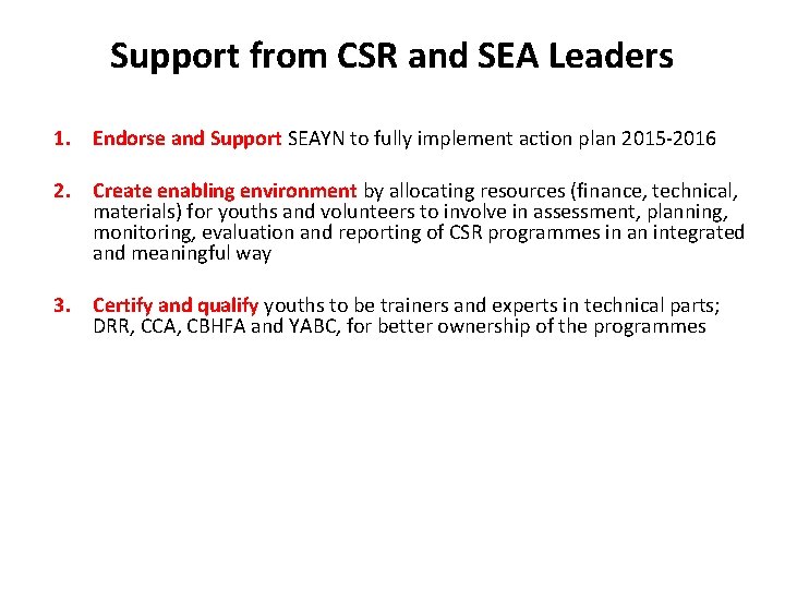 Support from CSR and SEA Leaders 1. Endorse and Support SEAYN to fully implement
