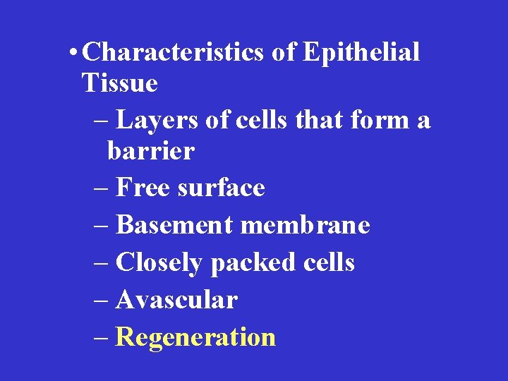  • Characteristics of Epithelial Tissue – Layers of cells that form a barrier
